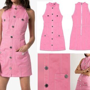 BALMAIN DUSTY PINK DENIM HALTER NECK DRESS FR42 US 10 SILVER BUTTON STITCH